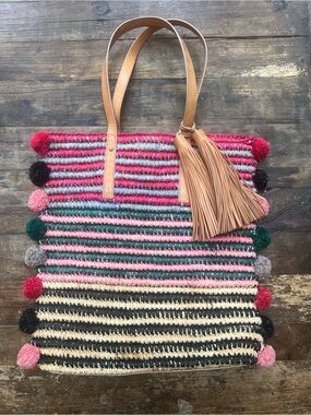 Loeffler Randall Striped Pom-Pom Straw Cruise Tote